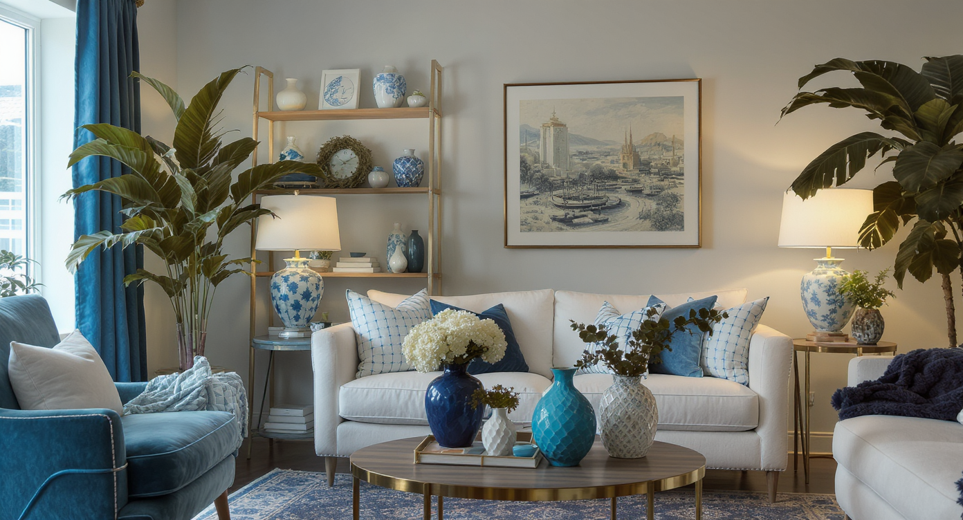An elegantly styled living room showcasing blue accent decor and sculptural lighting.