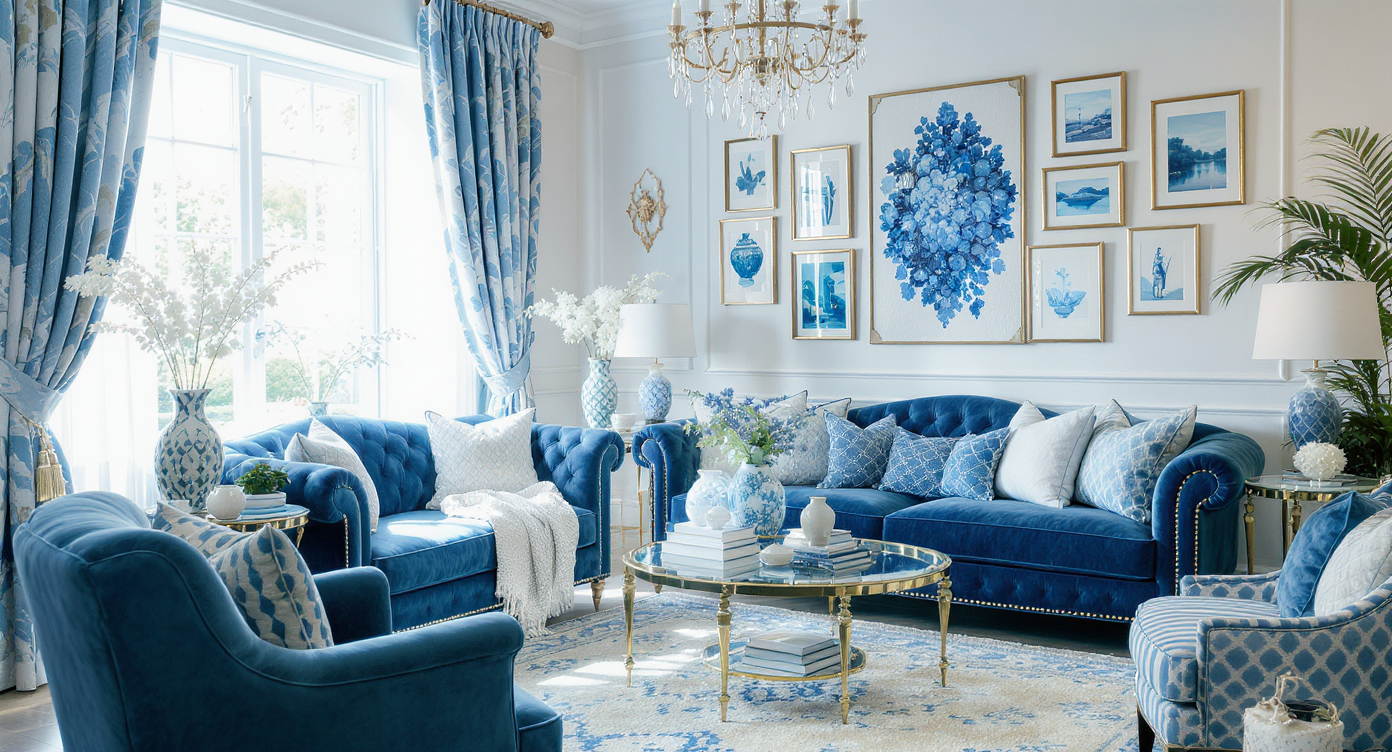 A bright and airy blue and white living room with soft curtains, a cozy sofa arrangement, and vibrant blue art on the walls.