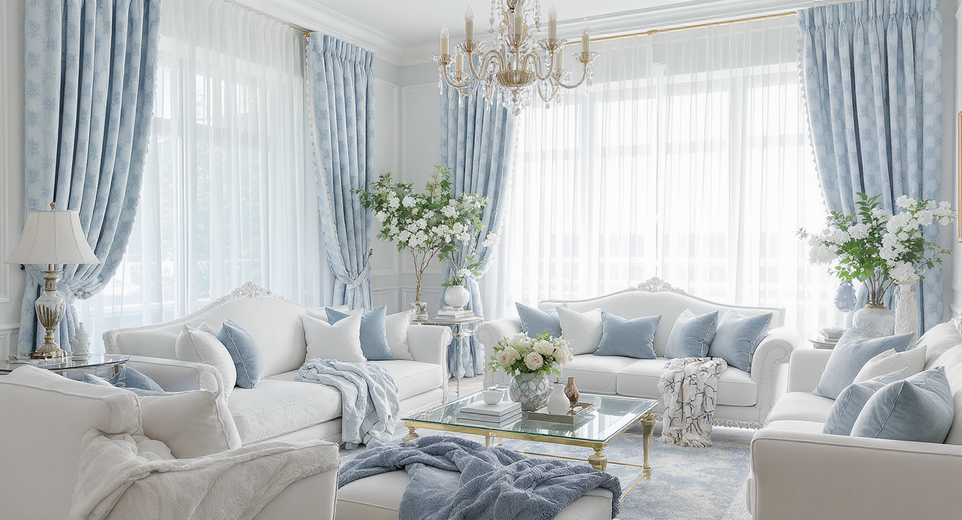 A blue and white living room showing delicate curtains and layered textiles enhancing the space's elegance.