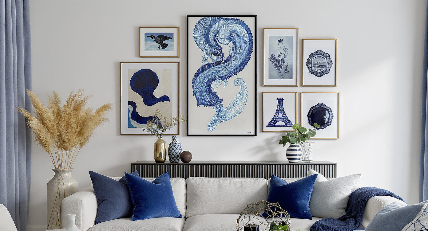 A gallery wall with blue art pieces enhancing a stylish living room filled with modern decor.