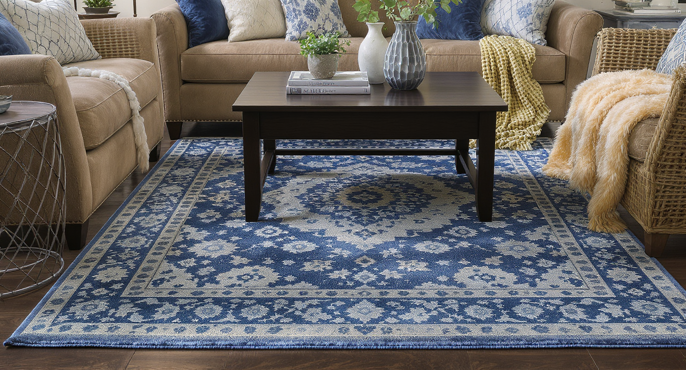 A patterned blue and white rug enhancing the coziness and style of a living room.