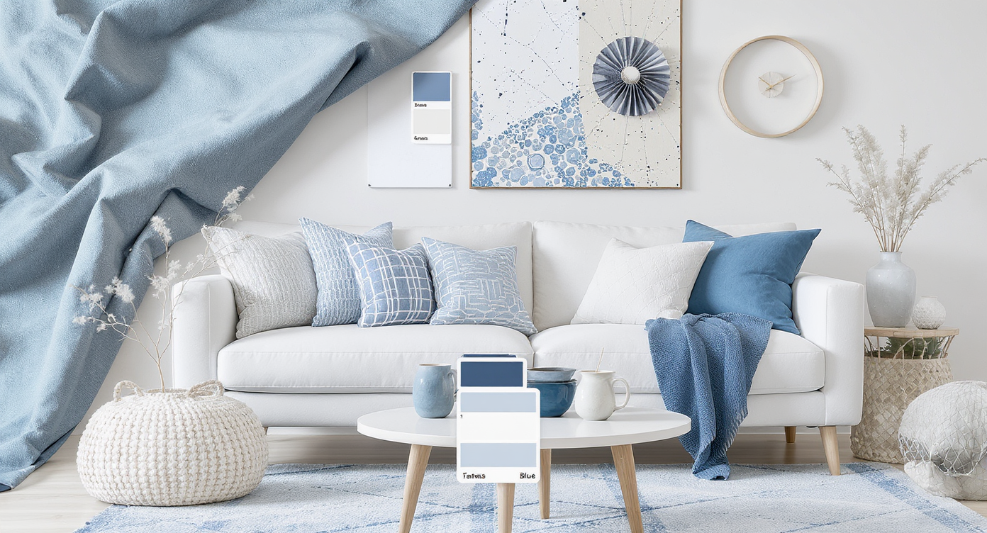A collection of fabric swatches and decor elements in blue and white for interior design inspiration.