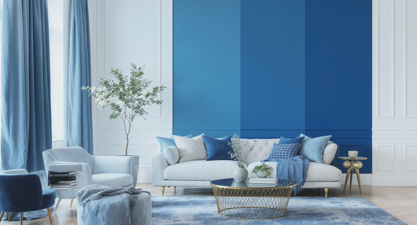 A living room showcasing a range of blue tones against white, ensuring elegance and visual narrative.