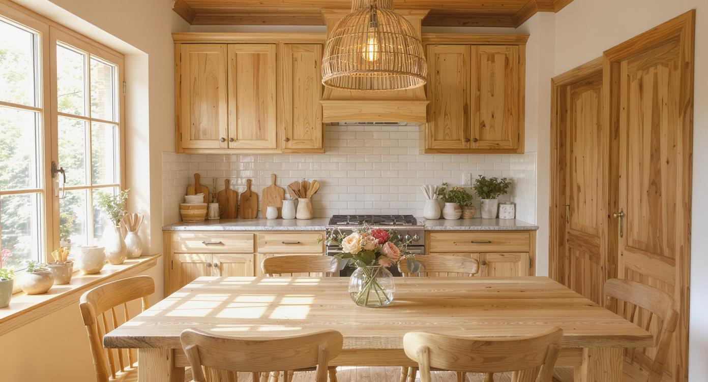 Modern kitchen with rustic wooden dining table and cabinetry, illuminated by natural light.