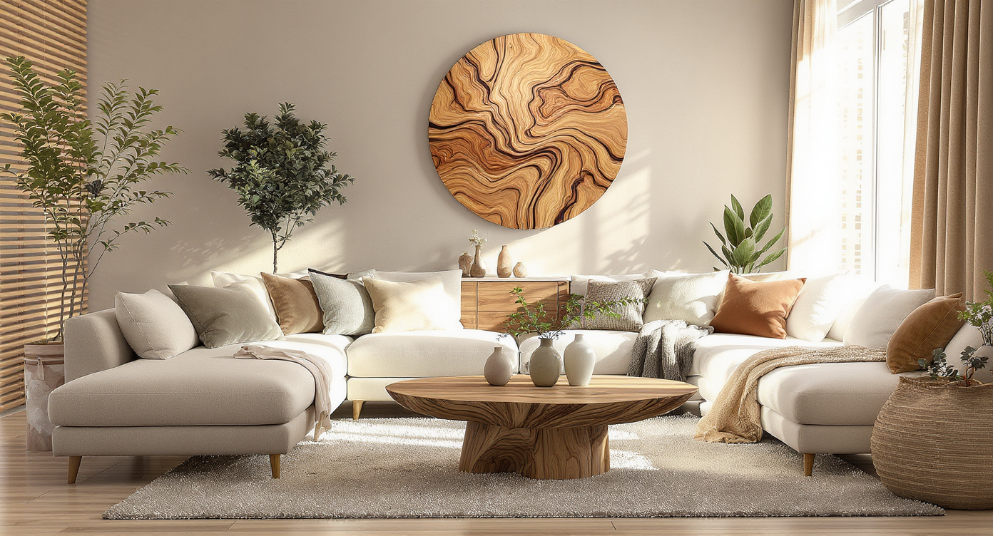 Stylish living room with wooden coffee table and art pieces, beautifully lit by natural sunlight.