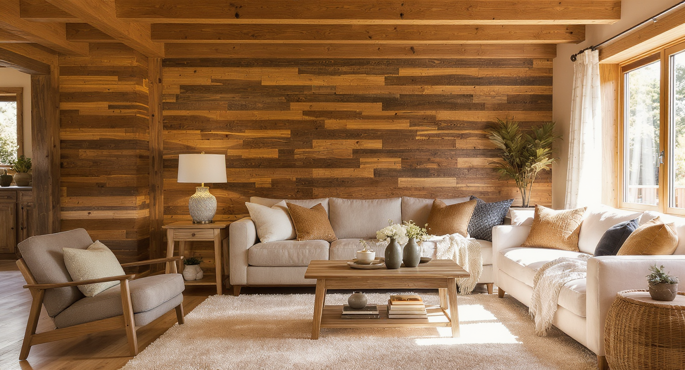 Cozy living room focused on natural wood accents with reclaimed wood wall and elegant decor.