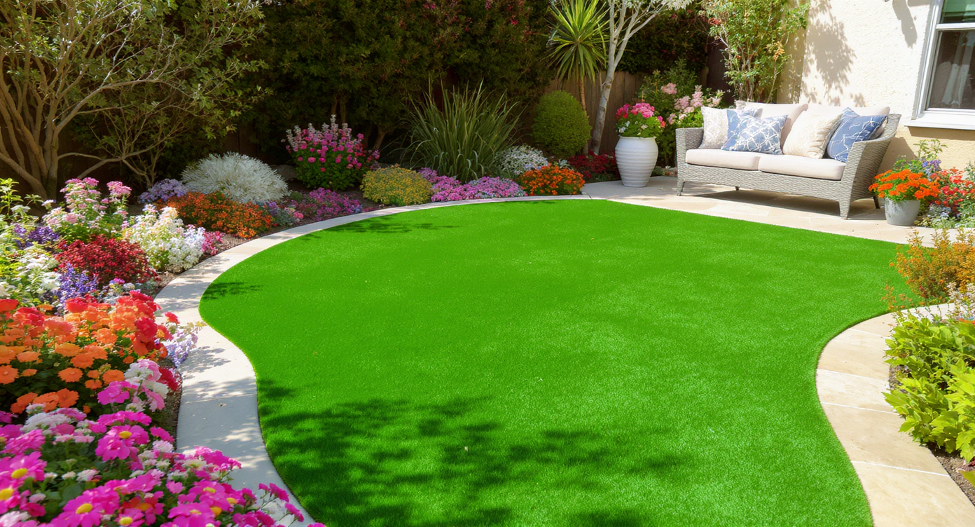 A charming garden with bright artificial grass, flowers, stone pathways, and a comfortable seating area bathed in sunlight.