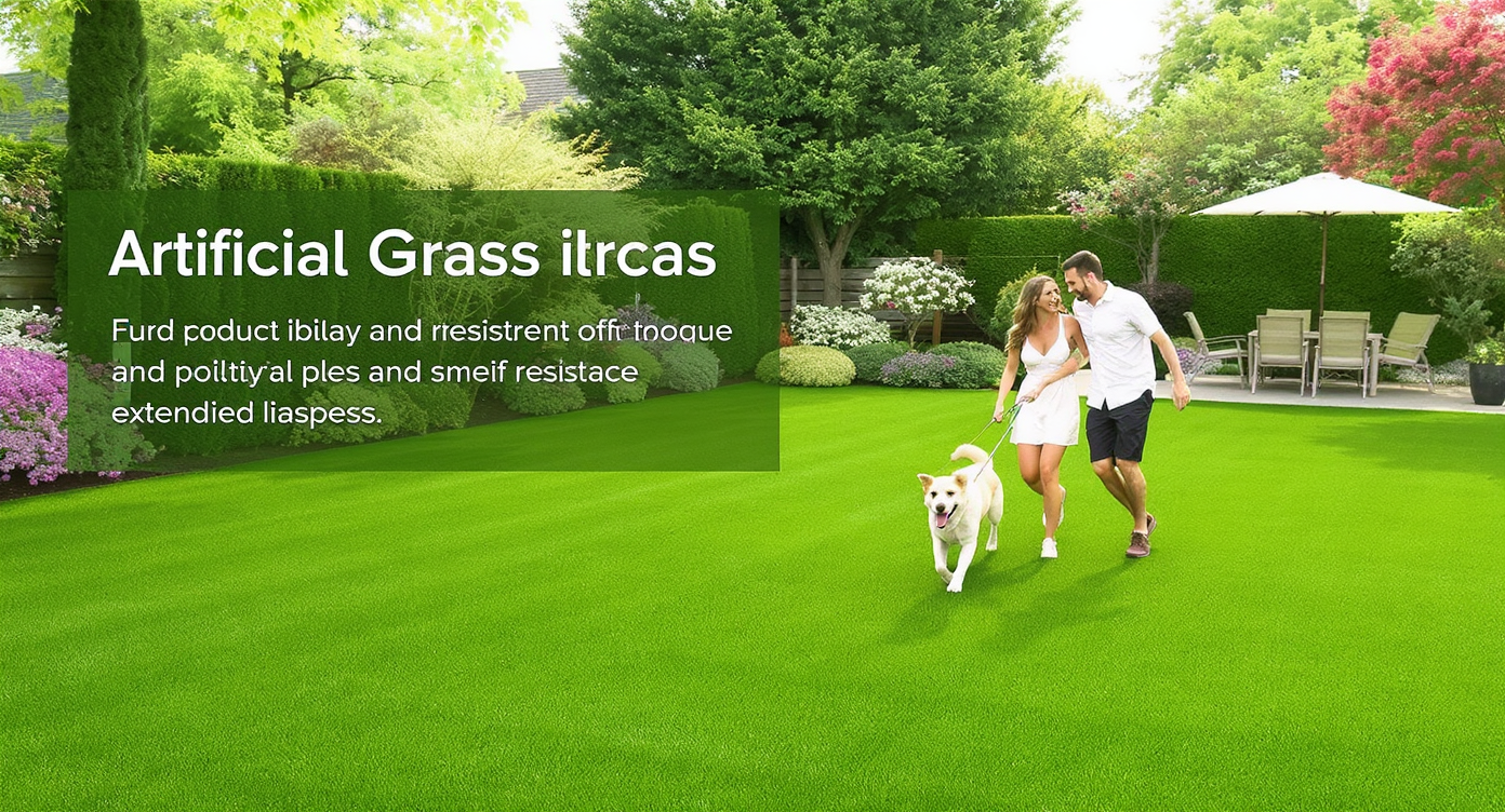 A durable outdoor space featuring artificial grass, a couple and their dog playing, highlighting its longevity and active usage.