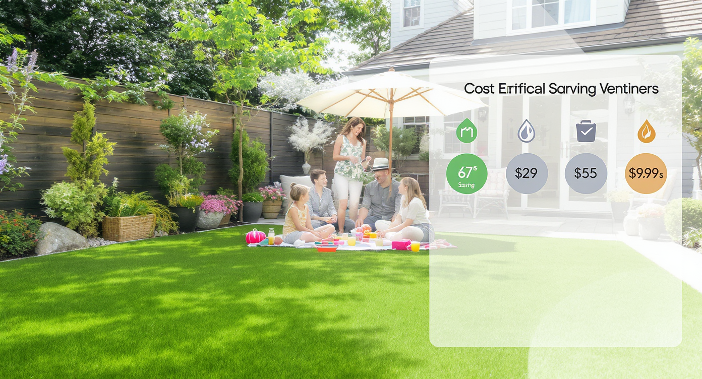 A cost-saving backyard with artificial grass, family enjoying a picnic, and a subtle price comparison visible in the background.