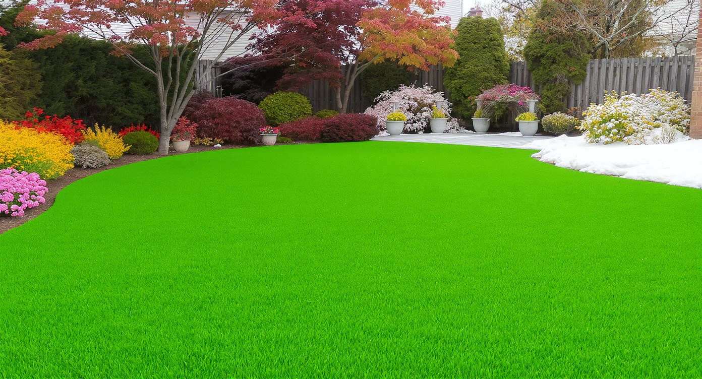 A seasonal backyard displaying artificial grass, featuring spring flowers, autumn leaves, and a winter scene for consistent appeal.