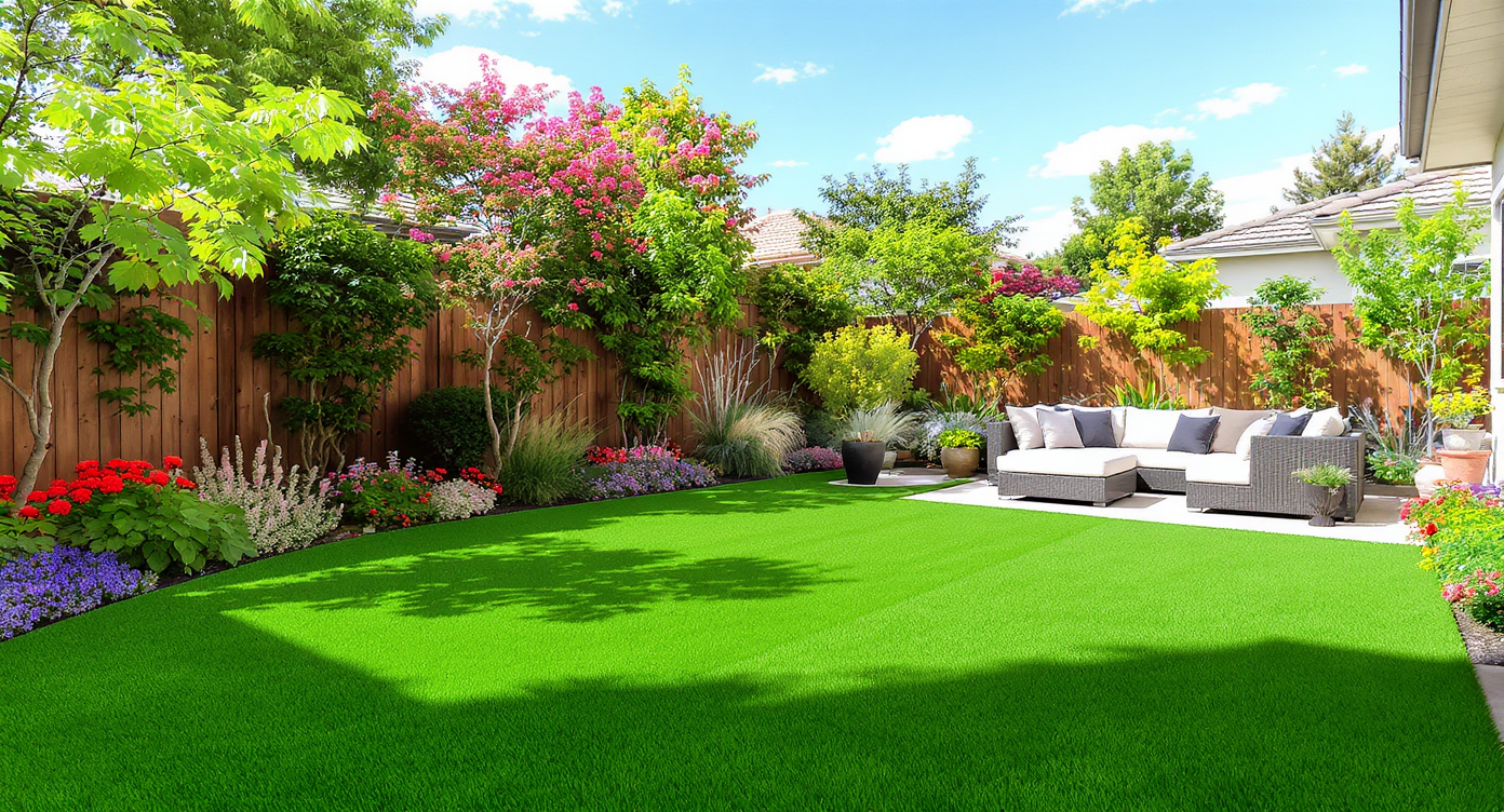 A luxurious backyard landscape with vibrant artificial grass, seating area, and surrounding plants basking in sunlight.