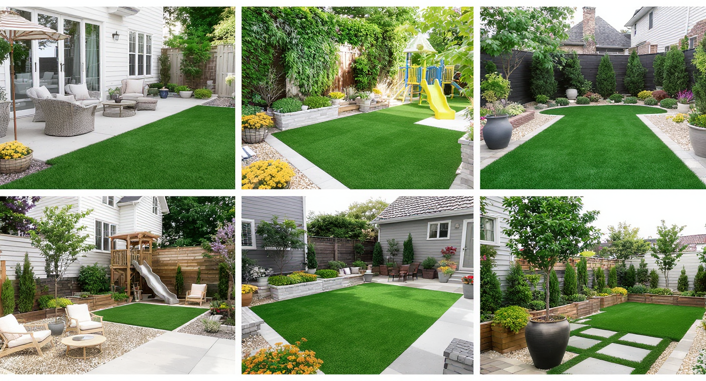 A diverse outdoor landscape featuring various uses of artificial grass in patios, playgrounds, and gardens, highlighting its versatility.
