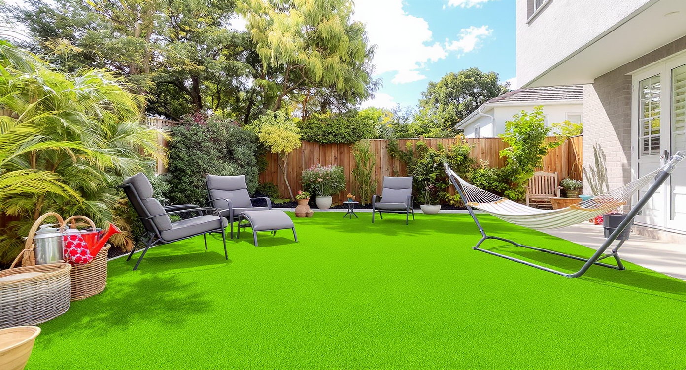 A low-maintenance backyard with vibrant artificial grass, a hammock, and minimal tools, reflecting easy outdoor living.