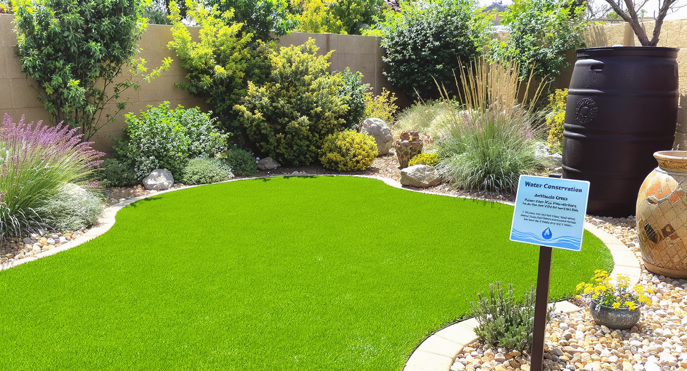 A sustainable garden showcasing artificial grass and drought-tolerant plants, highlighting water conservation benefits.