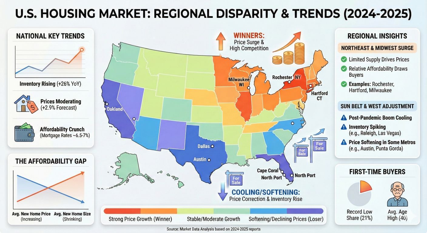A color-coded U.S. map showing regions of housing market winners and losers, with infographics on market trends.