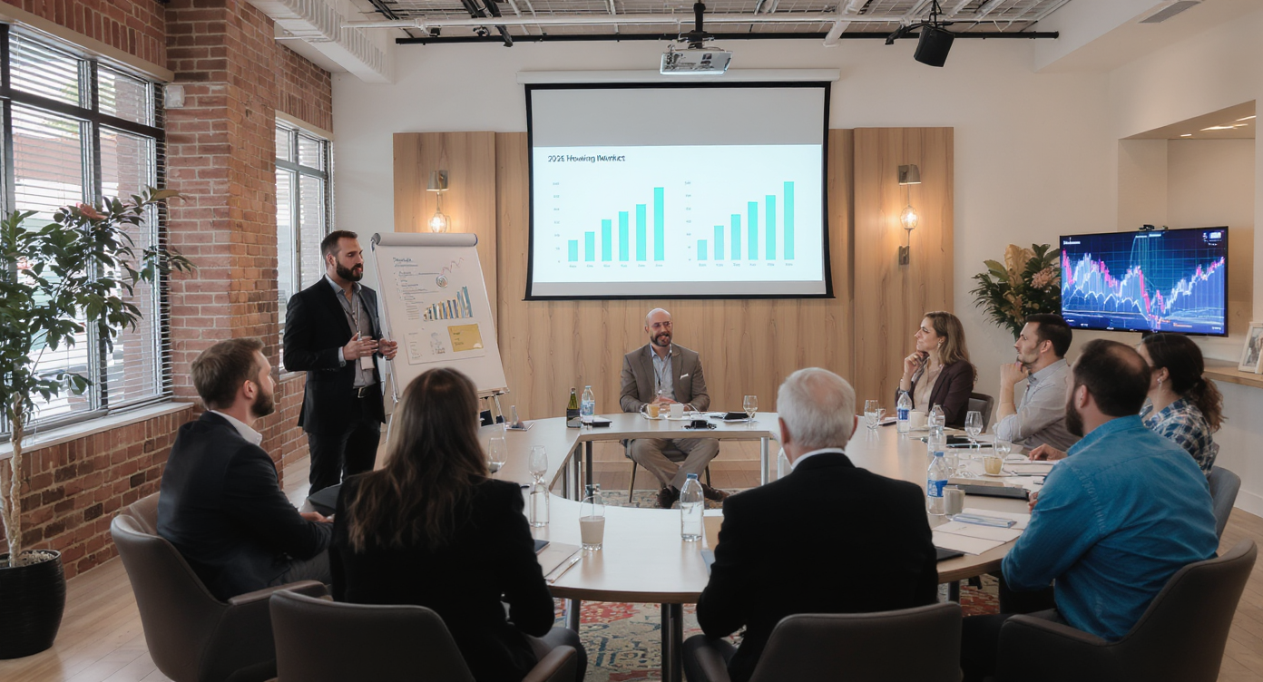 Showroom setup for a housing seminar with experts discussing data analysis and market trends.
