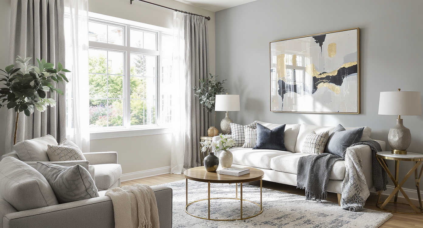 Modern living room interior with large windows, showcasing contemporary furniture and decor.