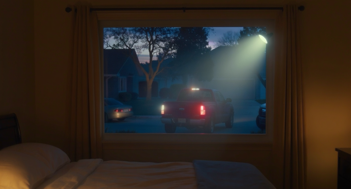 A tired homeowner in pajamas sits in a bedroom at dawn, head in hands, as a neighbor mows the lawn and trucks crowd the driveway outside.