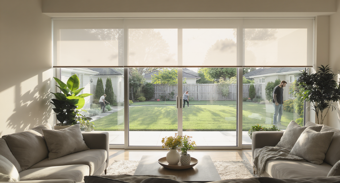 Bright sunlight fills a serene living room with open blinds, modern cozy decor, clear driveway, tidy lawn, and friendly neighbors visible outside.