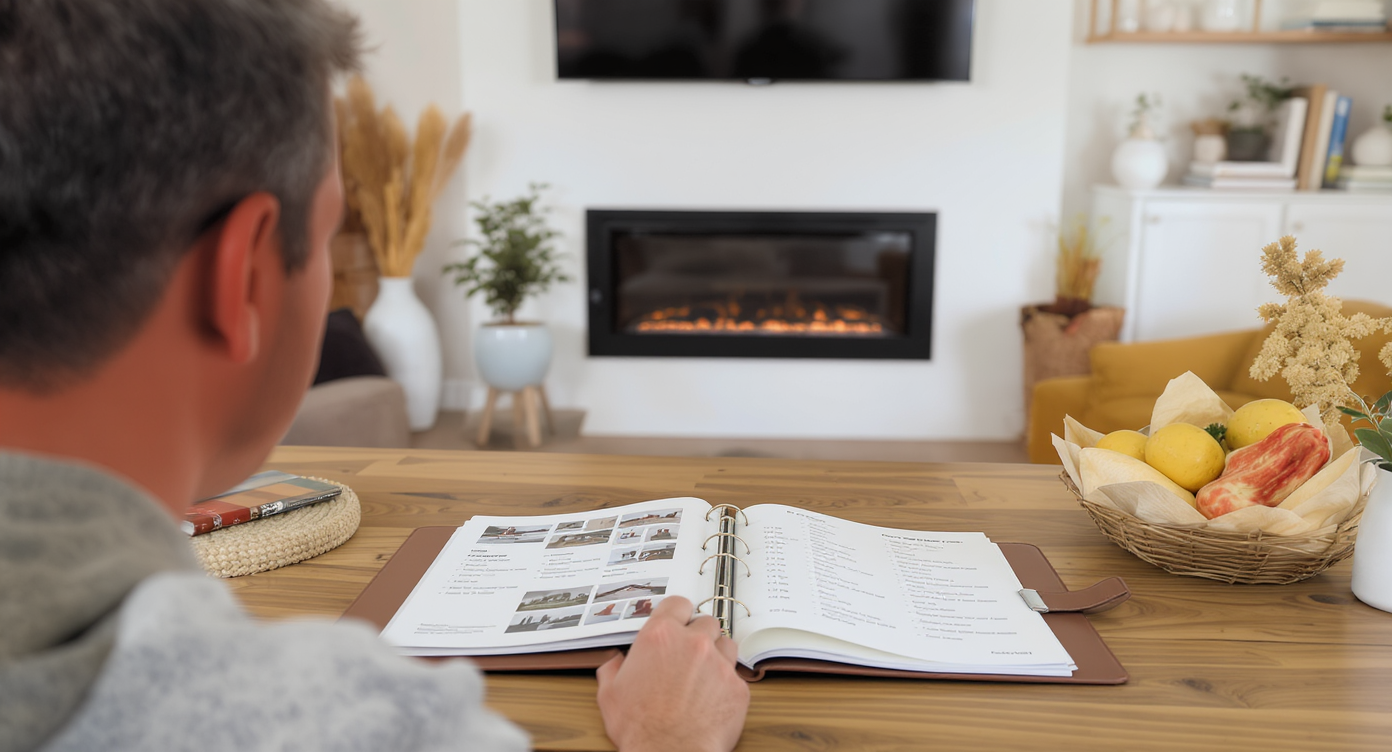 A homeowner reviews a binder of neighbor incident records in a modern living room with new blackout curtains and a privacy screen visible.