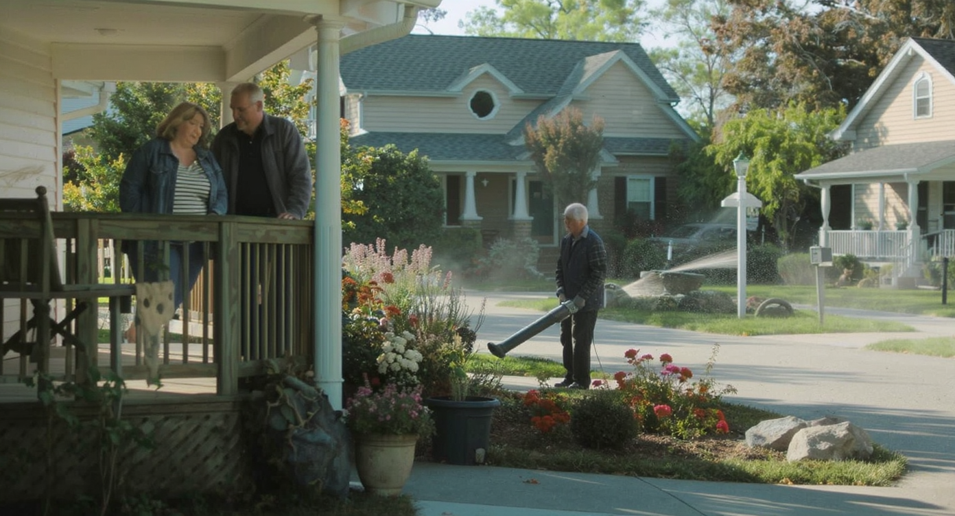 A weary couple stands on their porch watching a neighbor using a leaf blower, debris crossing the fence, illustrating real neighbor disputes.