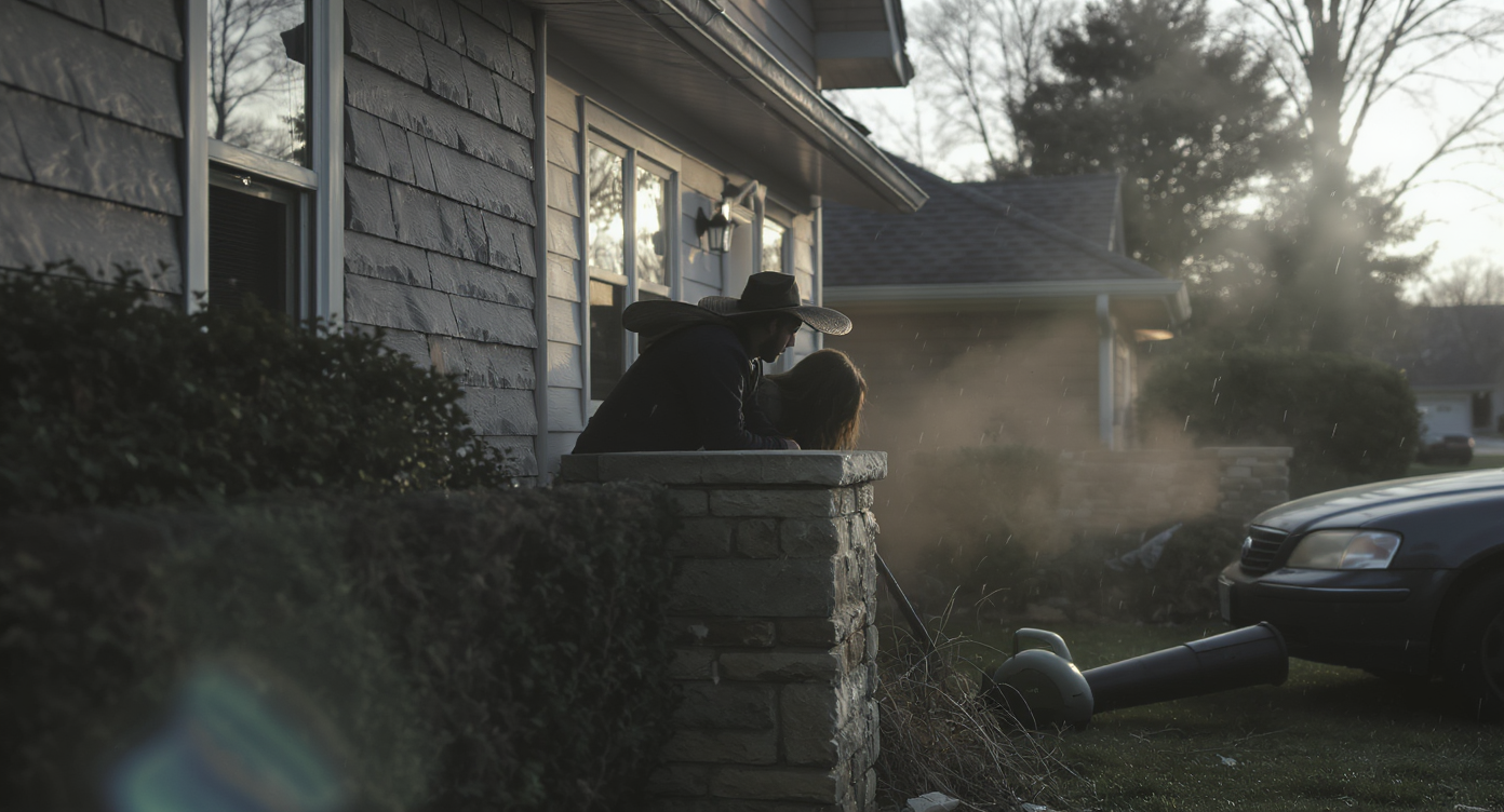 A weary couple stands on their porch, watching a neighbor use a loud leaf blower early in the morning. Debris blows onto their yard as harsh floodlights and a poorly parked car highlight tension between the neighboring homes.