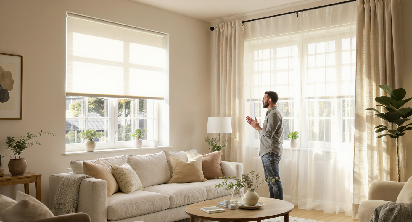 A homeowner in a bright living room stands between two windows—one with white blinds, the other with layered curtains—visibly comparing options.