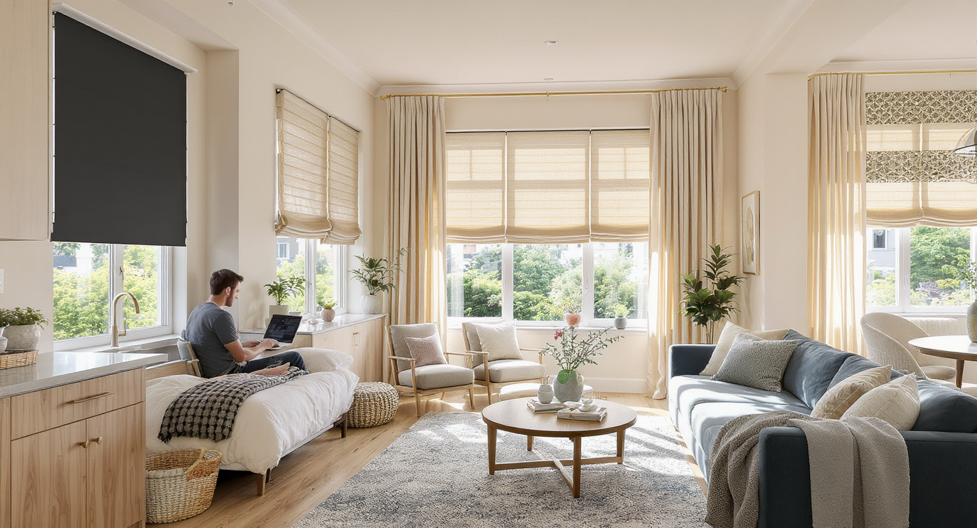 Open living space with blackout shades on bedroom window, roller shades in a home office, wood blinds and drapes in the living area, a valance above a kitchen sink, and a family at home. Warm natural light and realistic materials.