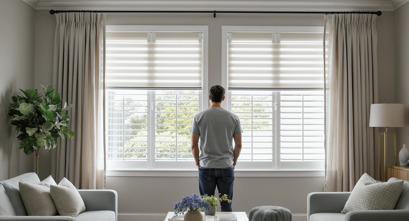 A modern living room with sunlight streaming through two large windows, one dressed in drapes and sheers, the other with shutters and shades. A person examines the differences.
