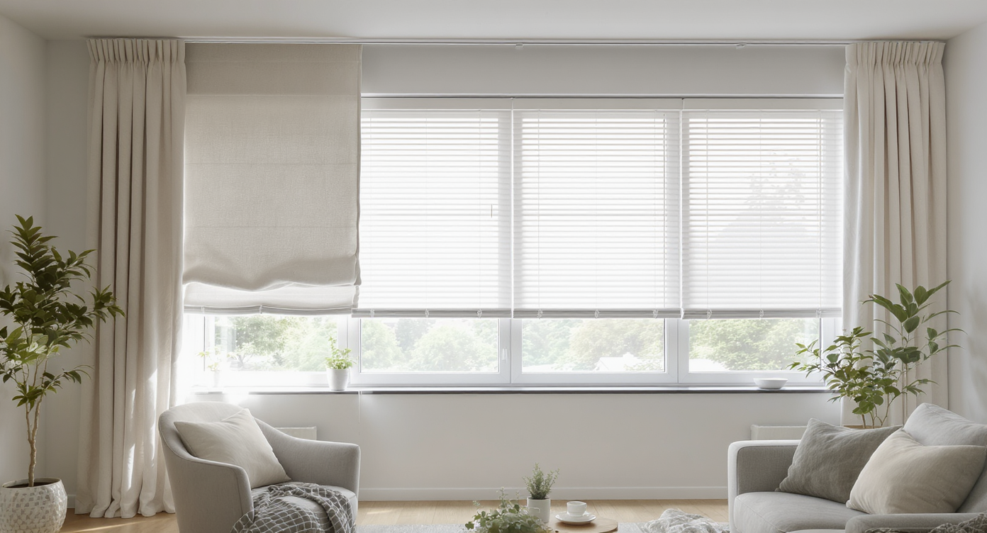 A window in a modern living room displays three treatments: short curtains, narrow blinds, and layered cellular shades with drapes, showcasing common window dressing mistakes and the best approach.