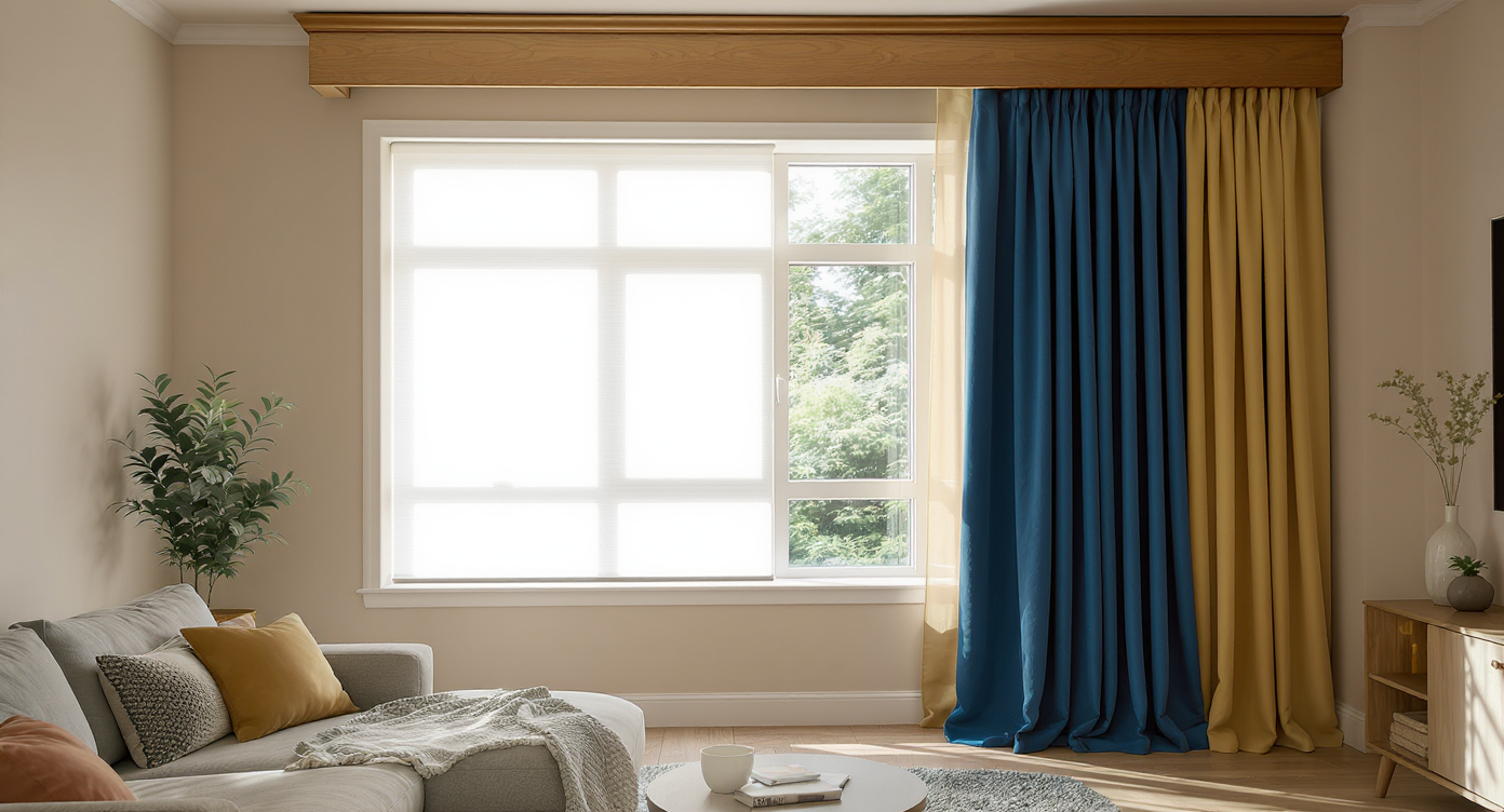 A neutral living room shows one window with plain vinyl blinds, and the same window transformed with bold cotton drapes and a wooden cornice above.