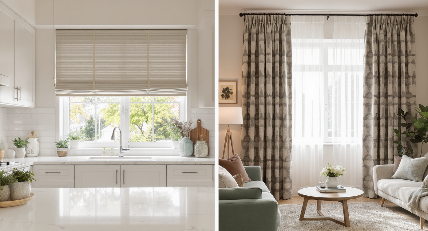 Side-by-side rooms show a kitchen with easy-to-clean faux wood blinds and a living room with thick, patterned drapes for design impact.