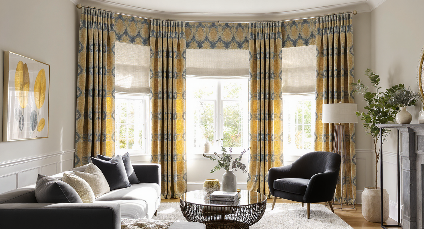A living room window layered with neutral motorized shades, bold patterned drapery, and an upholstered cornice, combining privacy with personality.