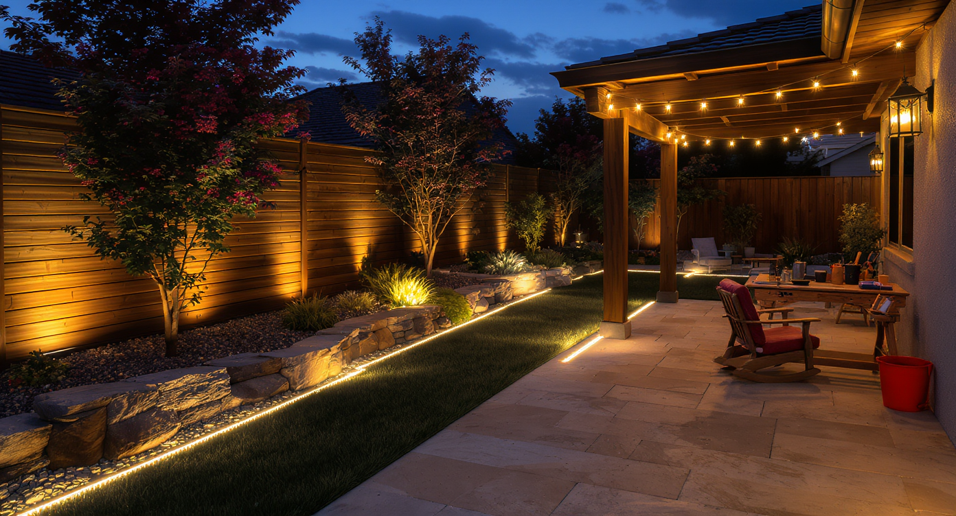 Twilight backyard scene with custom DIY landscape lights: path lights, uplights, pergola string lights, solar lanterns, and tools on a bench.