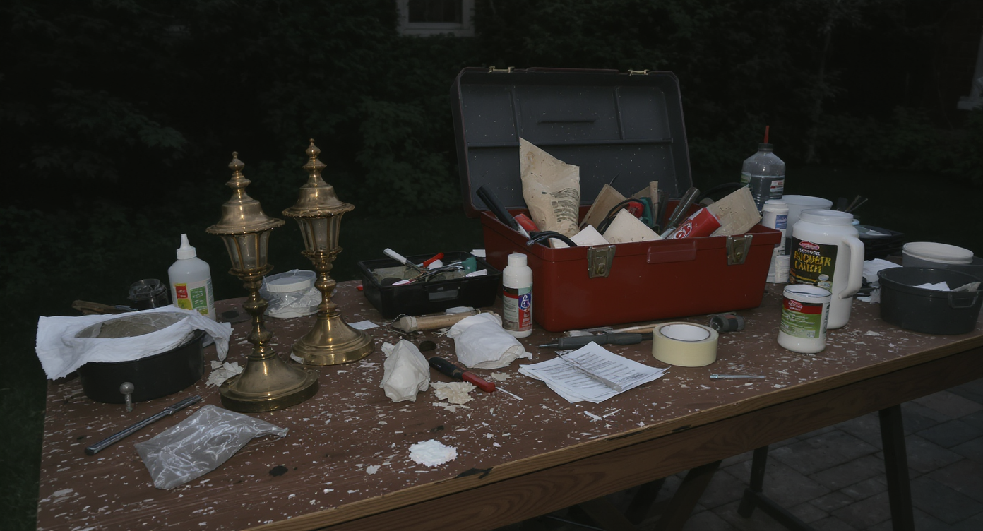 A worktable outdoors at dusk displays secondhand and retrofitted landscape light fixtures, waterproofing tools, and adhesives amid trial parts.