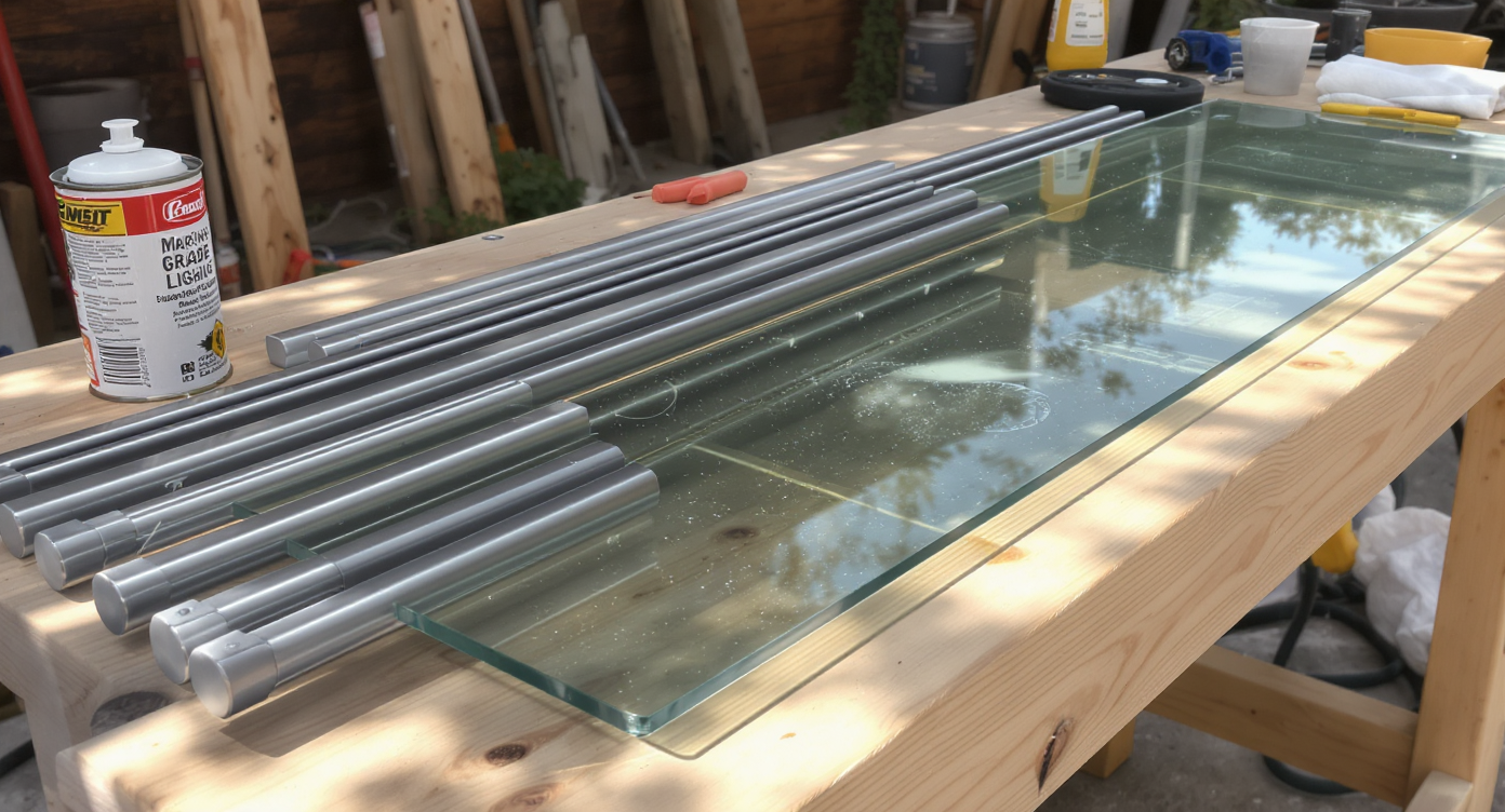 Detail of an outdoor workbench holding DIY landscape light materials—metal balusters, tempered glass, sealants, and protective coatings in natural light.