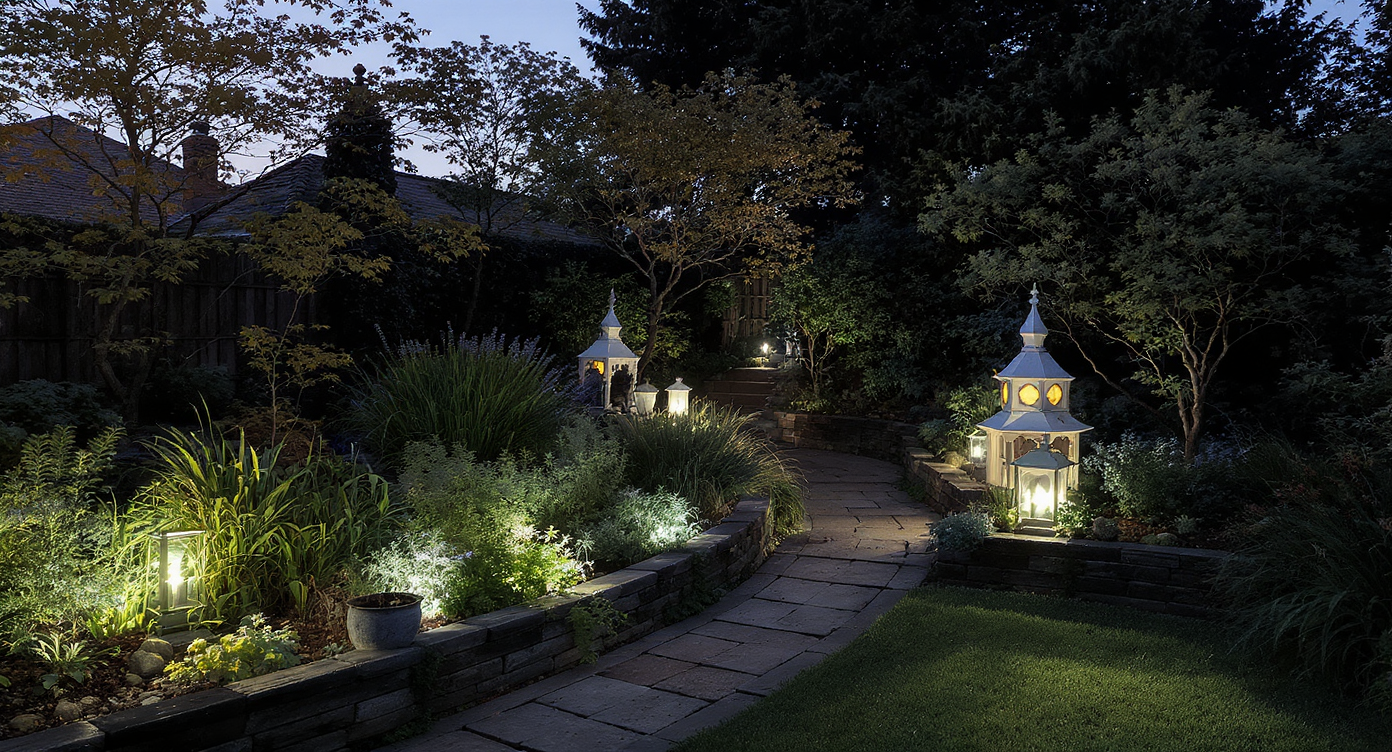 Repurposed indoor fixtures, such as brass sconces and glass pendants, transformed into custom outdoor pathway lights, illuminating a garden at dusk.