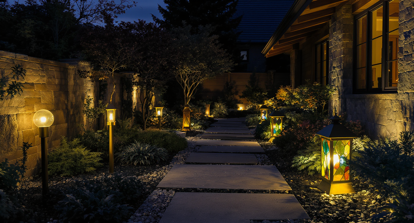 Distinct custom outdoor lights—midcentury globes, craftsman lanterns, stained glass, and mixed materials—line a landscaped stone pathway at night.