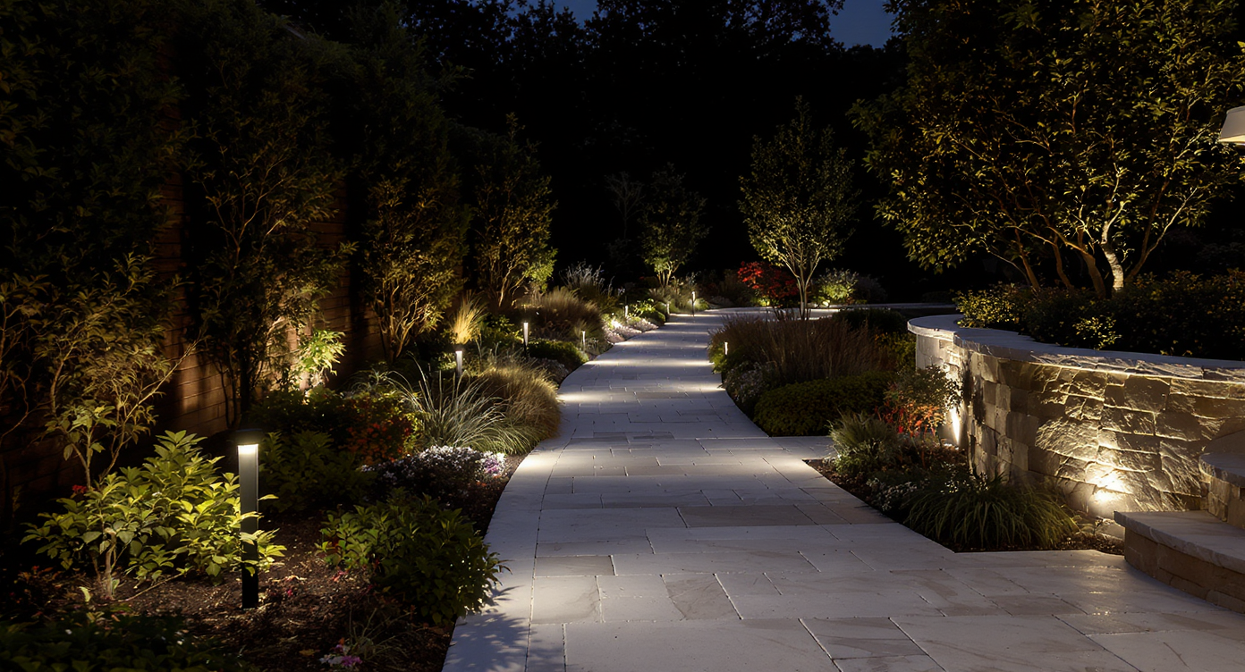 Professional landscape showcasing layered outdoor lighting, with path lights, spot uplights, and wall fixtures arranged for balanced ambience and depth.