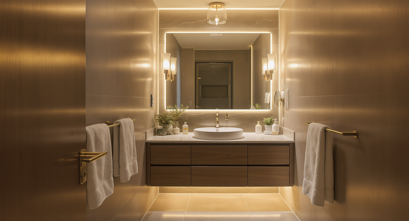 Photorealistic small bathroom with side sconces, under-cabinet lights, and diffused ceiling fixture, showing layered, warm lighting without people.