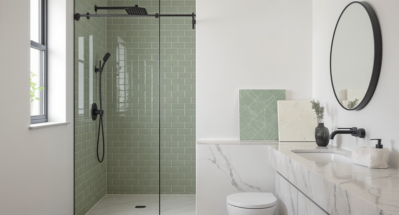 Small guest bathroom with green tiles in the shower area, white walls, black fixtures, and real tile samples on a ledge, showing color shifts.