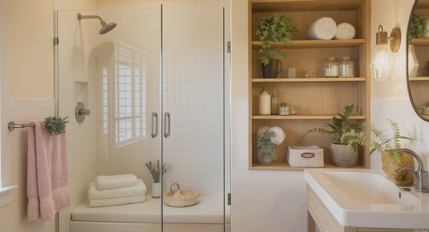 Small guest bathroom featuring a built-in shower bench, open shelving with clear jars, rolled towels, and greenery for a welcoming feel.