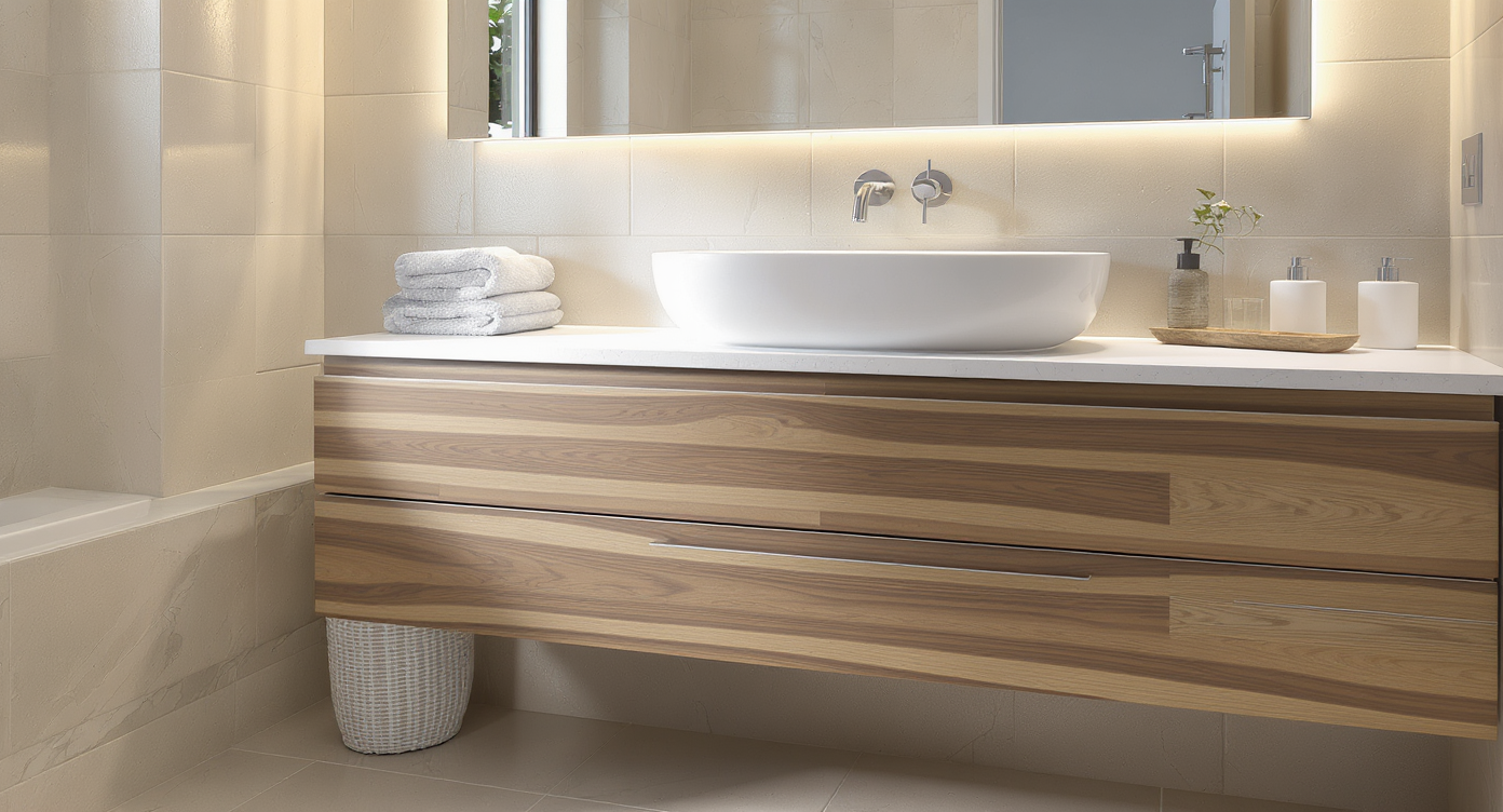 Photorealistic small bathroom with a floating white oak vanity and under-cabinet LED lighting, creating an airy, spacious feel.