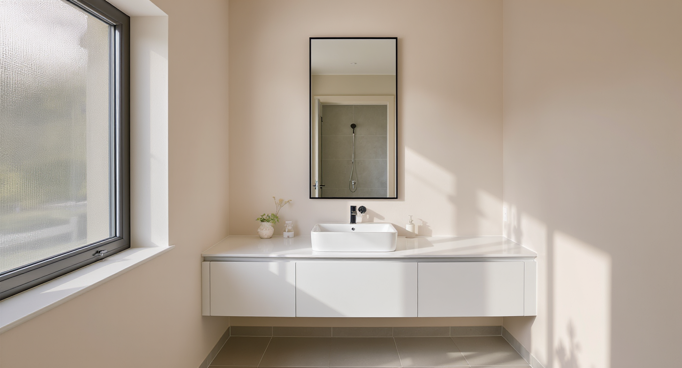 Modern small bathroom with a tall, custom iron-framed mirror above a minimalist white vanity, maximizing light and vertical space.