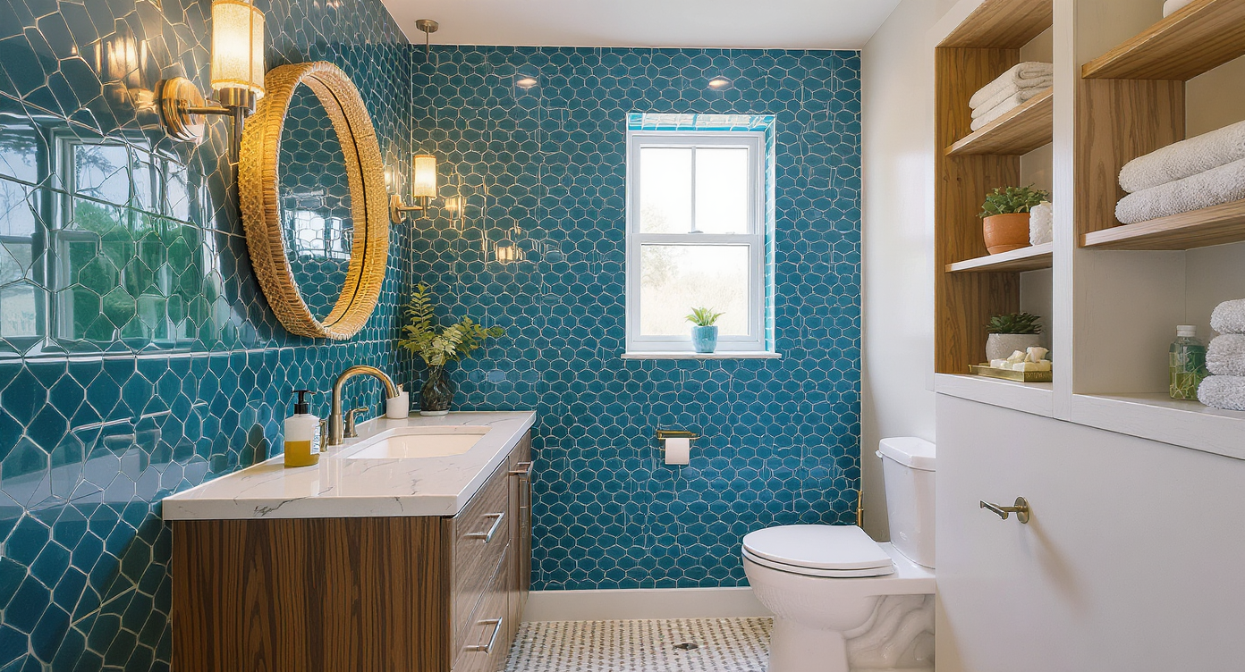 Photo-realistic small guest bathroom with custom tile accent wall, floating wood vanity, layered lighting, and curated decor, no people visible.