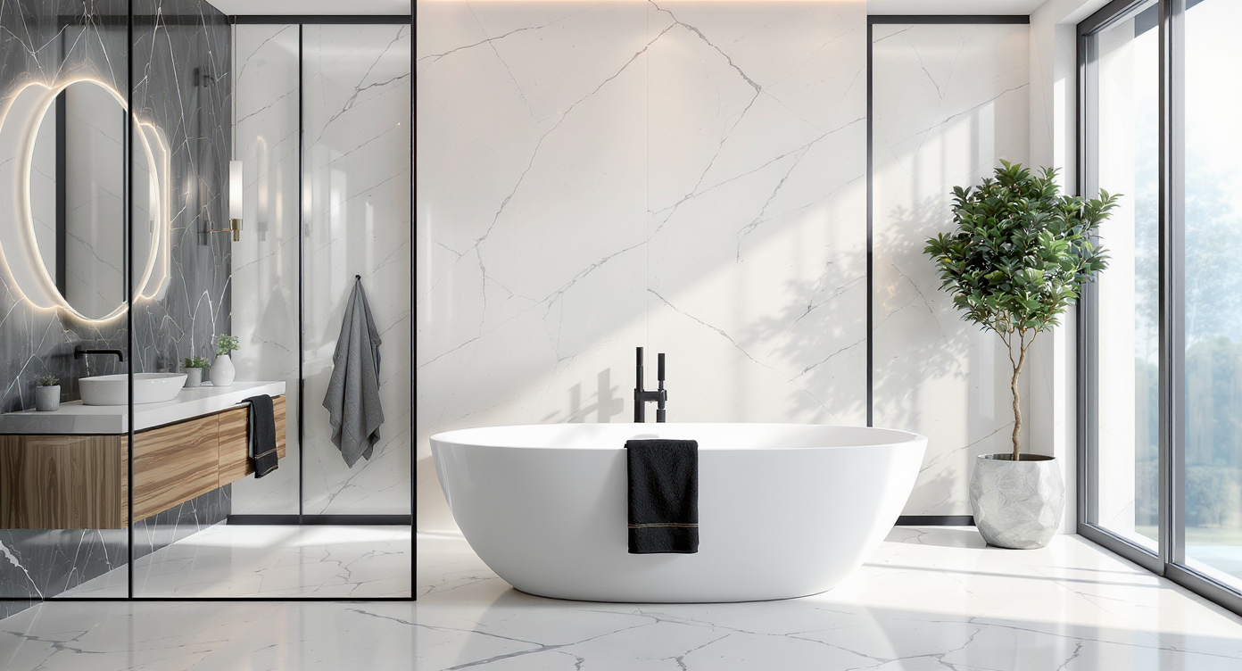 Modern, spacious master bathroom with luxury finishes, including a soaking tub, double vanity, walk-in shower, and natural light—no people present.