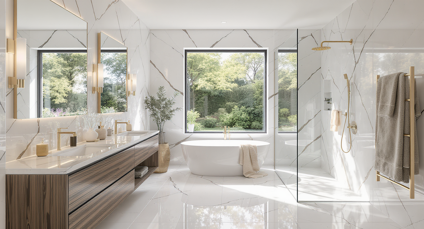 Sunlit master bathroom featuring a walk-in shower, dual vanities, soaking tub by a large window with garden views, and a towel radiator.
