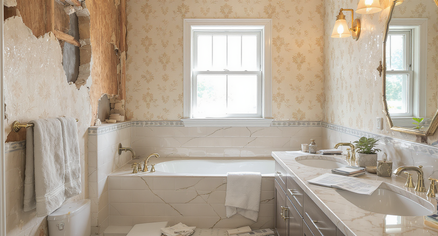 A master bathroom in transition, showing old fixtures beside materials and plans for a remodel, illustrating the dilemma of upgrading.
