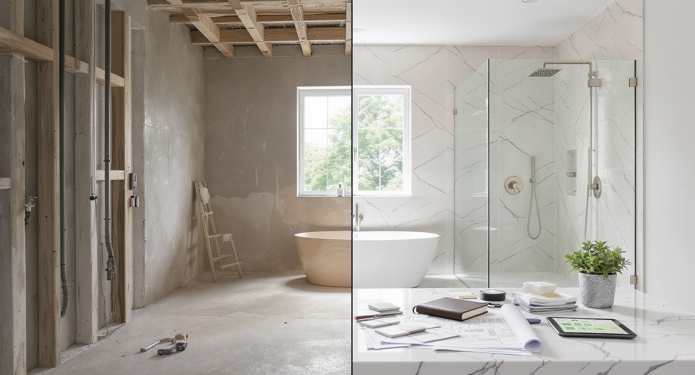 A master bathroom remodel in progress, showcasing unfinished layout work on one side and a completed luxury section on the other, with plans and materials on a table.