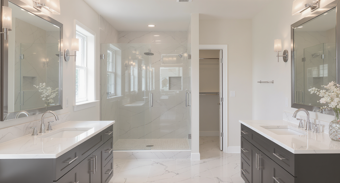 High-end master bathroom remodel with walk-in glass shower, double vanities, and luxury finishes, staged for real estate listing, no people.